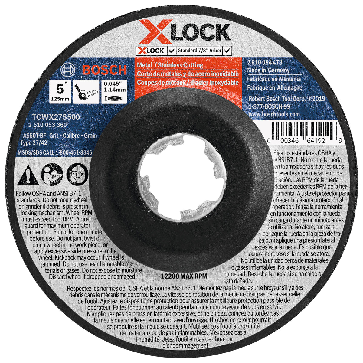 Bosch TCWX27S500 5 In. x .045 In. X-LOCK Arbor Type 27A (ISO 42) 60 Grit Fast Metal/Stainless Cutting Abrasive Wheel