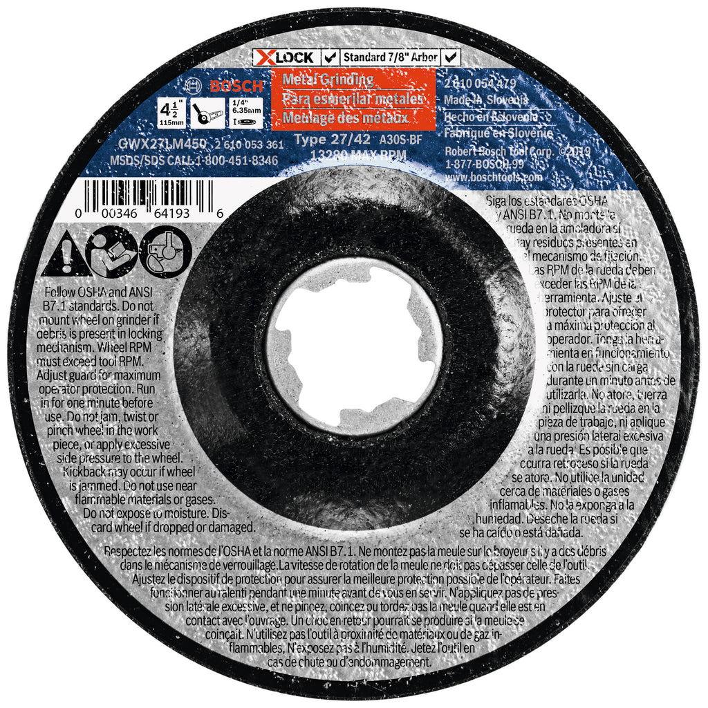 Bosch GWX27LM450 4-1/2 In. x 1/4 In. X-LOCK Arbor Type 27 30 Grit Metal Grinding Abrasive Wheel
