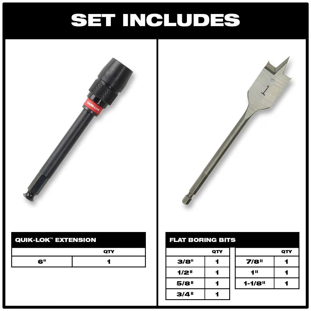 Milwaukee Flat Boring Bit 6" Universal Set - 8-Piece | 49-22-0175