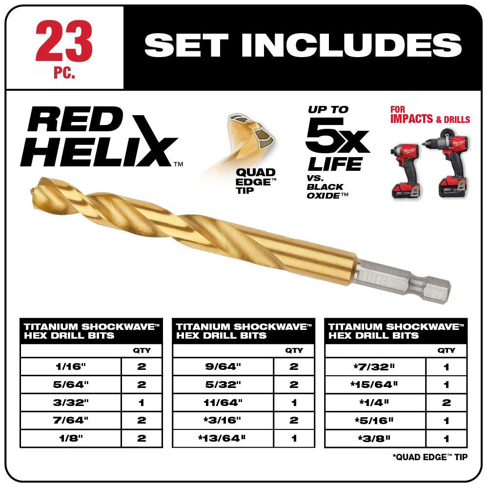 23PC SHOCKWAVE™ Impact Duty RED HELIX™ Titanium Drill Bit Set