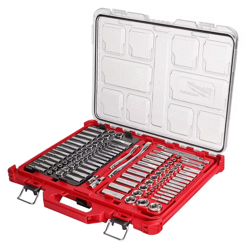 Milwaukee 106-Piece 1/4" and 3/8" Metric & SAE Ratchet and Socket Set with PACKOUT Low-Profile Organizer | 48-22-9486