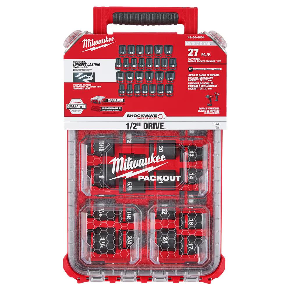 Milwaukee SHOCKWAVE Impact Duty Socket 1/2” Dr 27-Piece MM & SAE PACKOUT Set | 49-66-6804