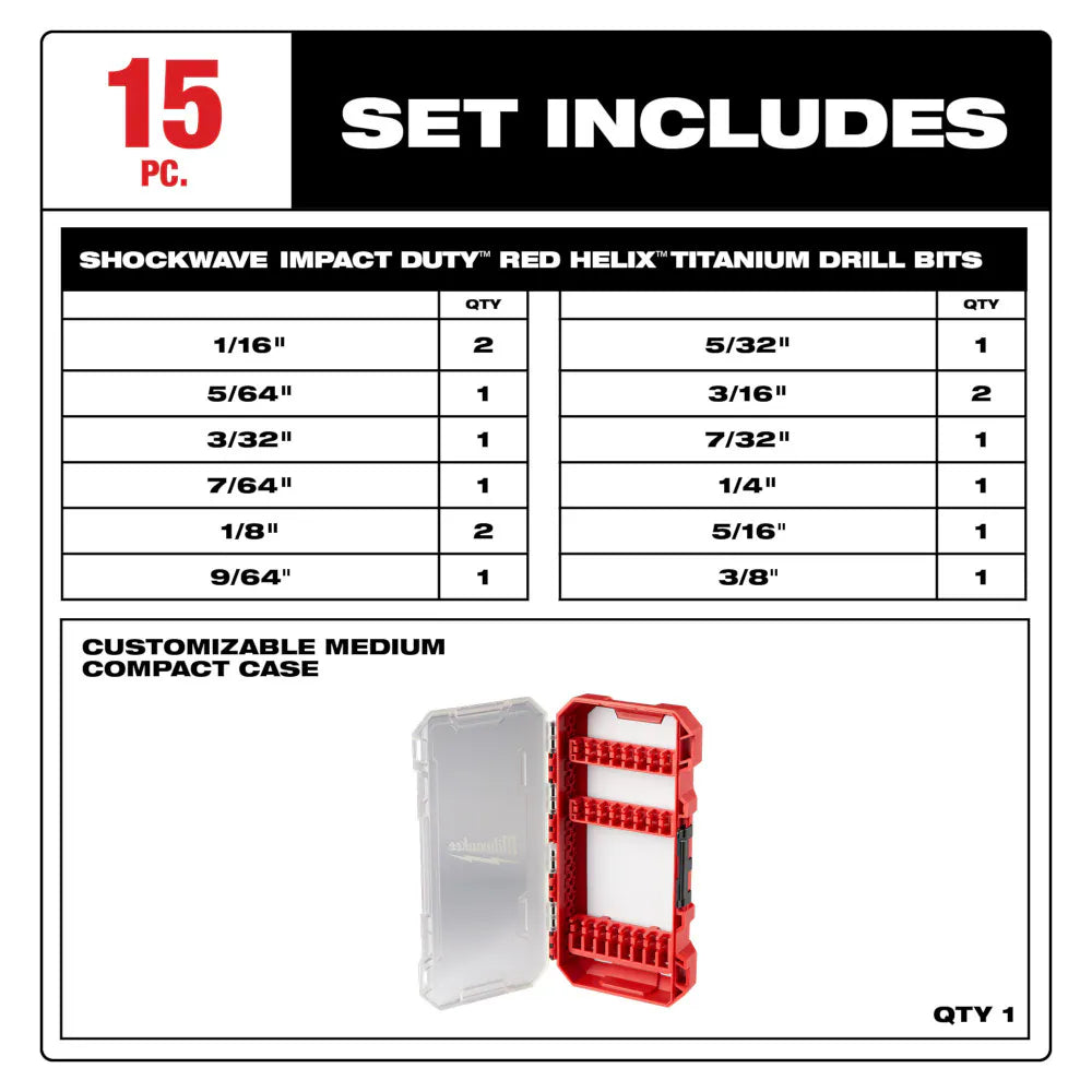 15PC SHOCKWAVE™ Impact Duty RED HELIX™ Titanium Drill Bit Set