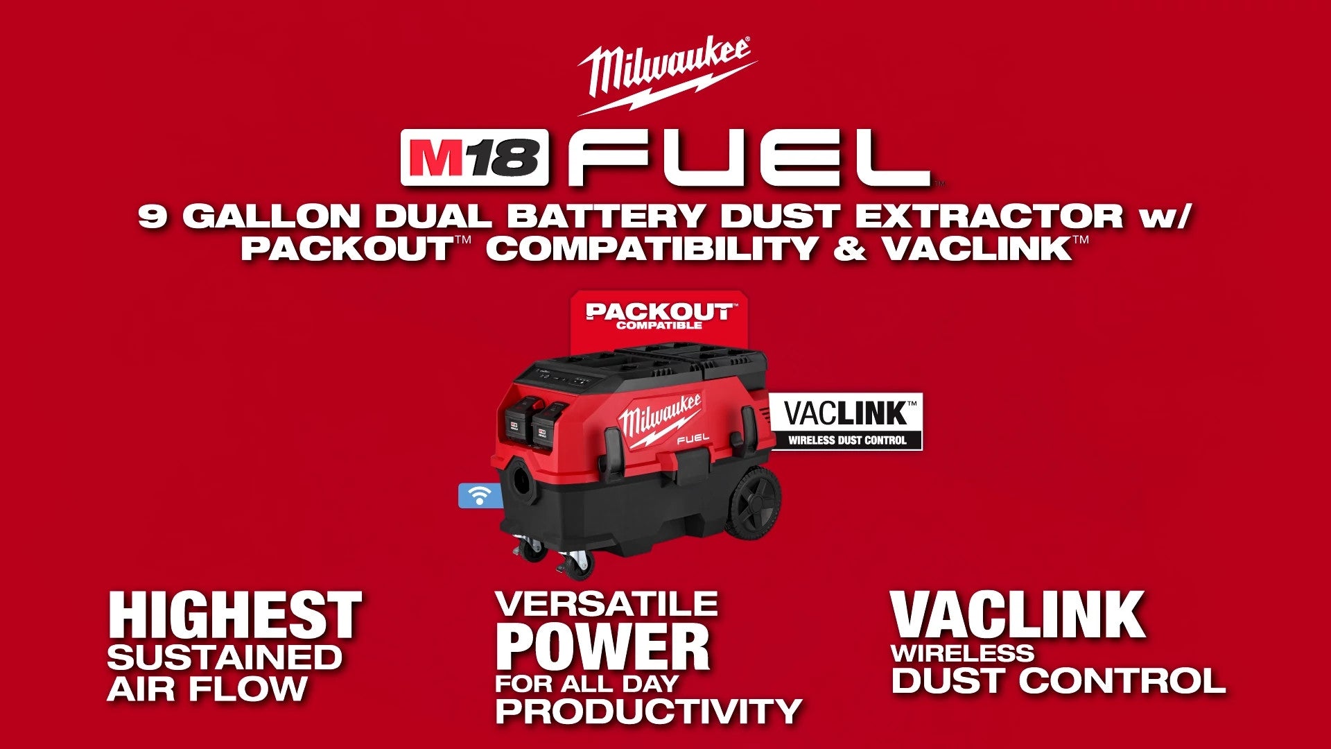 Milwaukee® M18 FUEL™ 9 Gallon Dual Battery Dust Extractor w PACKOUT™ Compatibility and VACLINK™ Social