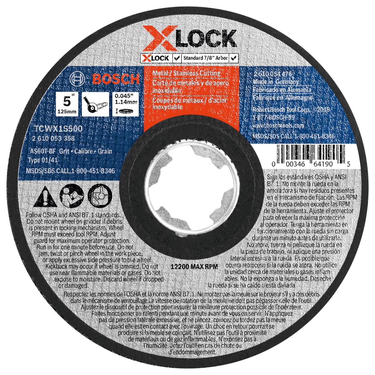 Bosch TCWX1S500 5 In. x .045 In. X-LOCK Arbor Type 1A (ISO 41) 60 Grit Fast Metal/Stainless Cutting Abrasive Wheel